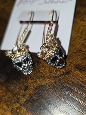 Betsey Johnson Gold and Silver Crystal Skull Crown Drop Earrings